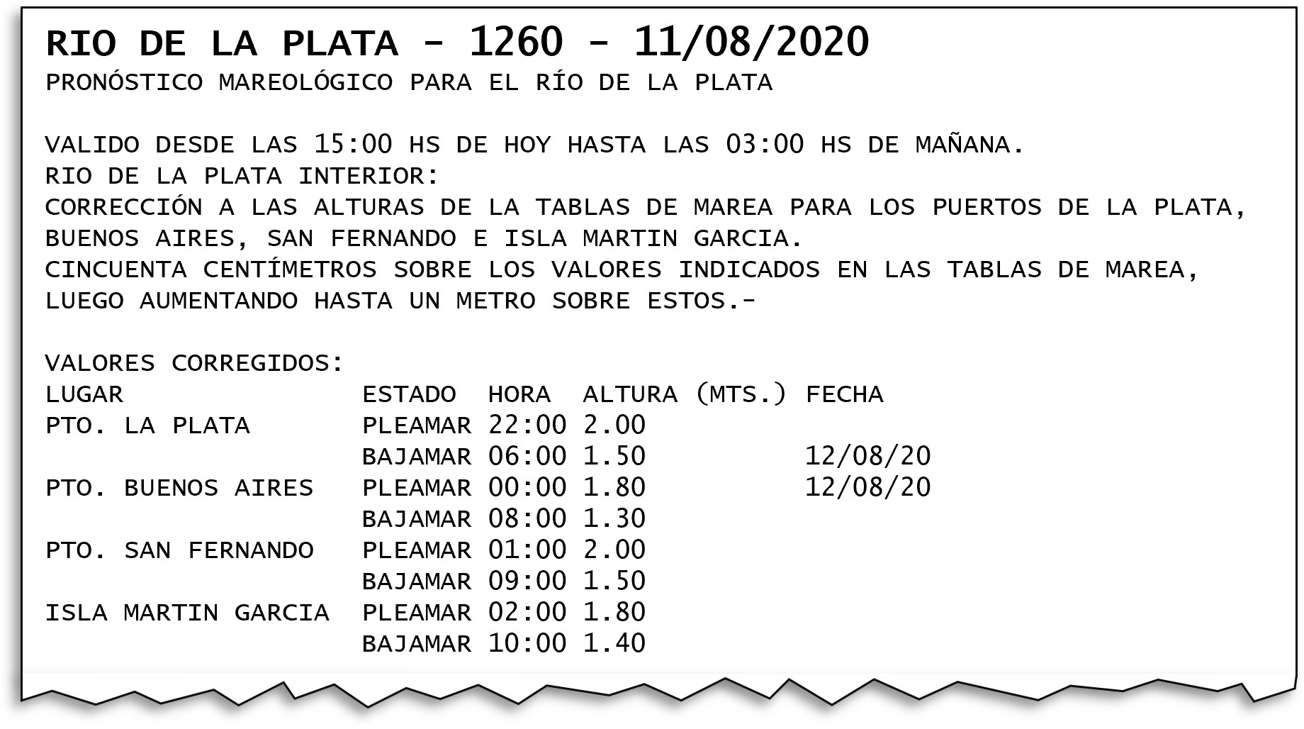 Radioaviso con Corrección del Pronóstico Mareológico