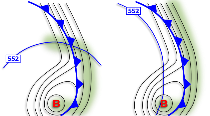 Actividad frontal según viento en alturas medias